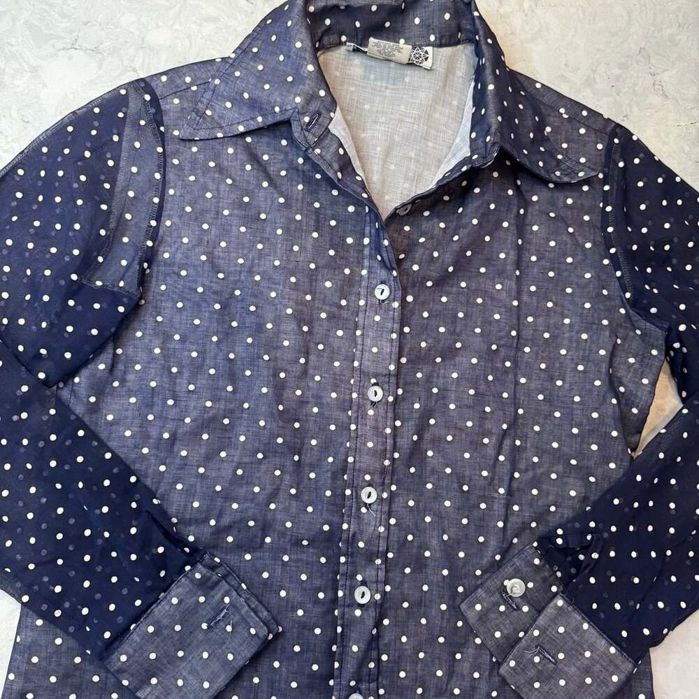 Vintage Chessa Davis Polka Dot Long Sleeve Button Down Shirt Navy Blue